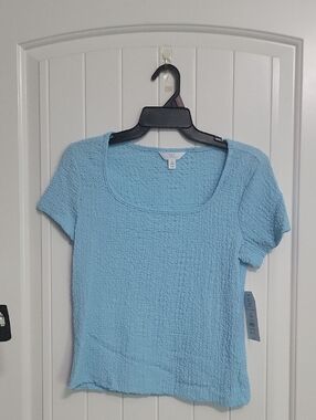 Time and Tru Light Blue Textured Scoop Neck Short Sleeve Top